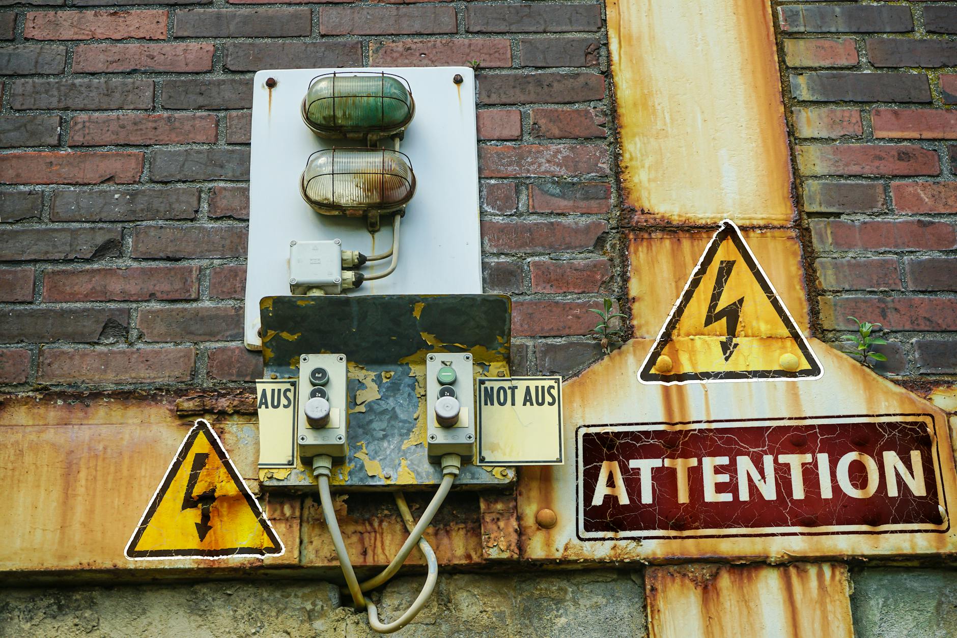 Stary zardzewiały znak ostrzegawczy i instalacja elektryczna na ceglanej ścianie