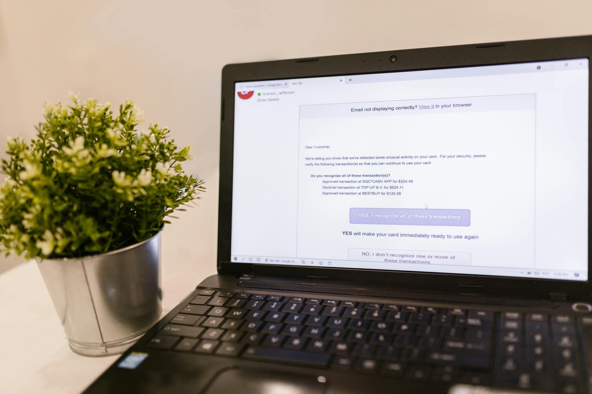 Laptop z otwartą skrzynką e-mail obok zielonej rośliny na biurku