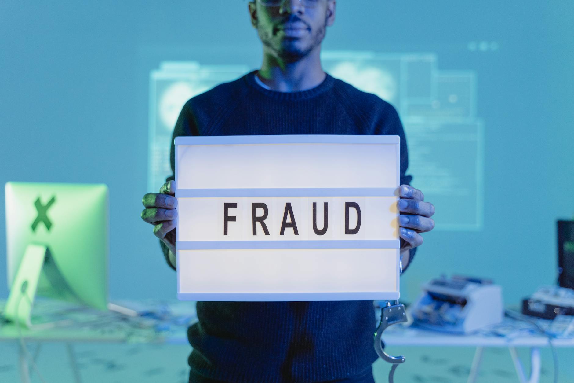 Mężczyzna z tabliczką fraud w otoczeniu komputerów i technologii