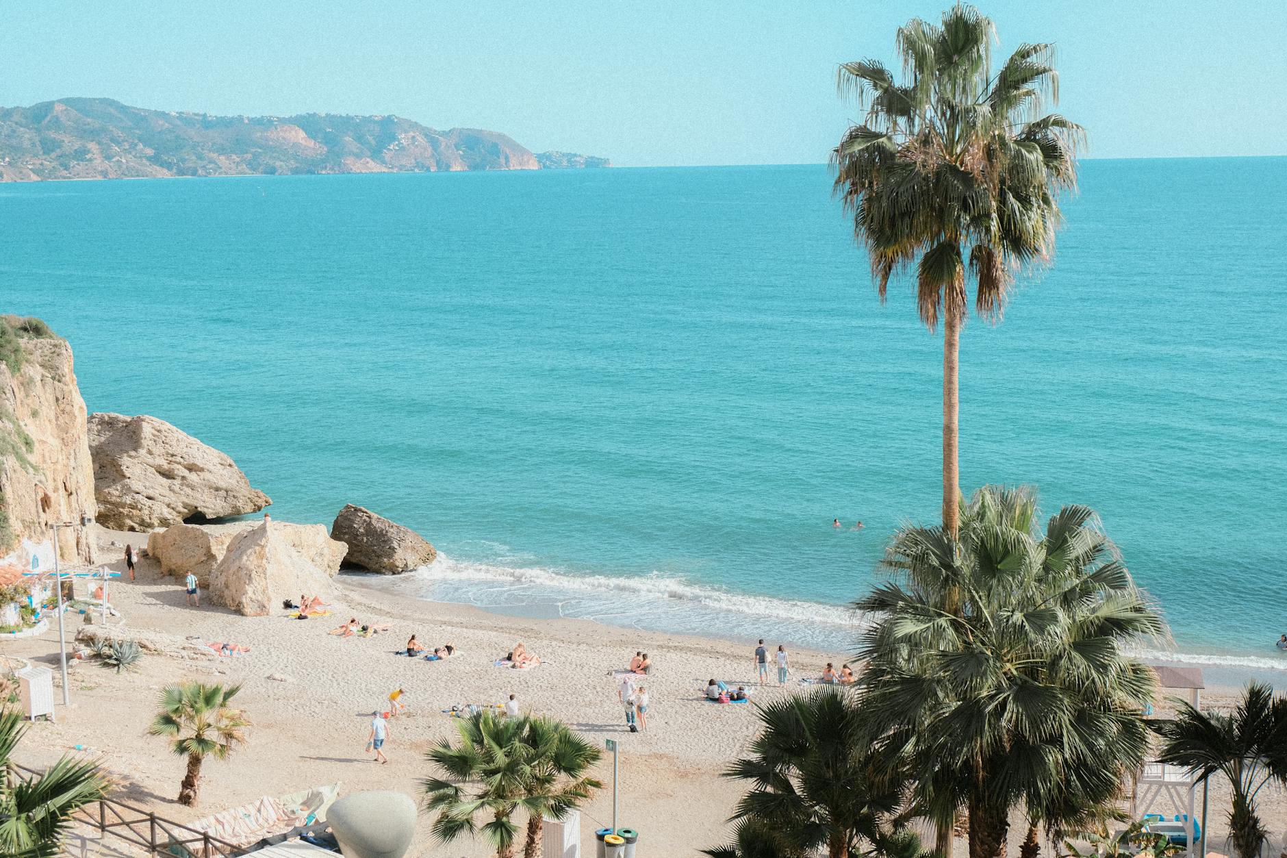 Plaża w Nerja w Andaluzji z palmami i turkusowym morzem